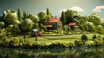 Wall Mural - In this 3D illustration, a tractor is harvesting crops on a piece of farm land surrounded by crops. This is a smart farming concept design for an island with tractors.