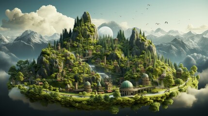 Wall Mural - Flying island with mountains, trees, and animals isolated with clouds. An illustration of a beautiful landscape with mountains, trees, and animals on green grass.