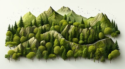 Poster - Isolated green mountains on white background. 3D illustration of forest mountains.