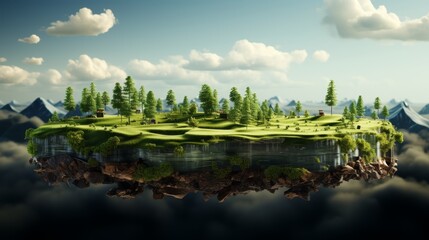 Poster - Isolated grass field in air with clouds and a green grass surface. 3D rendered, isolated grass field flying in air with clouds.