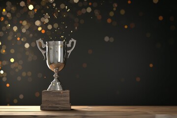 Wall Mural - abstract shiny lights illuminate a silver trophy on a wooden table against a dark background