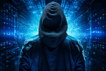 Experienced hacker in action breaking software protection server code Generative Ai image pic