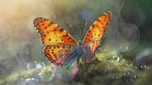 Butterfly With Dew On The Moss And Sunrise On The Screen Behind It. 4k Animation Video.