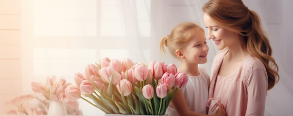 Wall Mural - Mother's day. Child daughter congratulates mother and gives a bouquet of tulip flowers
