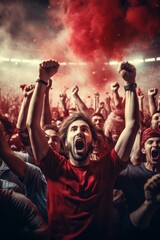 Canvas Print - Sport Stadium soccer match. Diverse crowd of Fans in red tricks cheering.