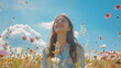 A joyful woman basks in the warm summer sun, surrounded by a sea of colorful flowers, her face beaming with happiness as she takes in the beauty of nature