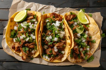 Wall Mural - Three flat lay composition of Mexican pork carnitas tacos