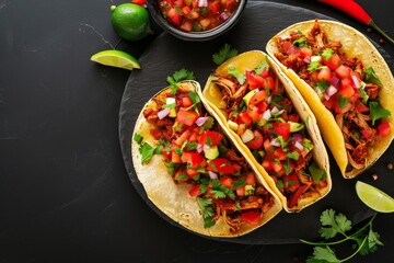 Wall Mural - Top view of Mexican pork tacos with vegetables and salsa served on a black stone slate plate against a black background