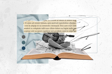 Sticker - Creative collage picture of unknown student playing guitar sitting on book when learning new songs isolated over white color background