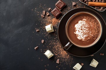 Sticker - Top view of hot chocolate against black background