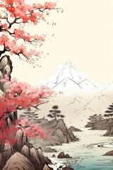 Wall Mural - Natural traditional japanese landscape and buildings. Fuji. Illustration. Generative ai.