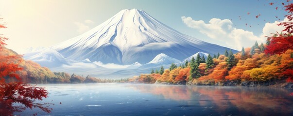 Wall Mural - Autumn season and mountain Fuji landscape with morning lake fog. Generative ai