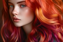 Stylish Model With Vibrant Dyed Hair And Perfect Waves Sporting A Healthy Red Hairstyle