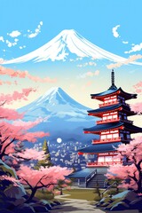 Wall Mural - Illustration japan temple or asian pagoda and fuji mountains in the backround. Generative ai