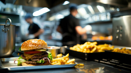 Cheeseburger in the kitchen window ready to be served to a customer