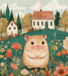 Cute cartoon hamster in a field near the house. Children's illustration for books, cards, postcards, posters.