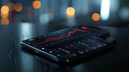 Intimate look at a modern trading app on a smartphone, featuring touch-responsive, live market graphs and transaction notifications,generative ai