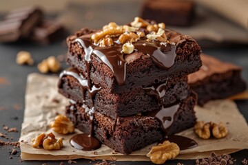 Sticker - Stack of chocolate walnut brownie cakes with melted chocolate topping