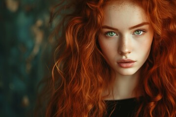 Wall Mural - Redhead girl with curly hair poses beautifully Isolated on vintage background with stunning hair and green eyes Represents beauty art fashion health and wellbein
