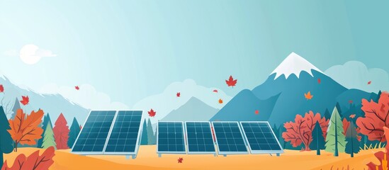 Canvas Print - Renewable energy in an autumn landscape with solar panels near forest and mountains, providing eco-friendly electricity.