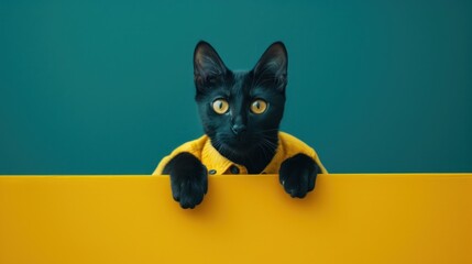 Wall Mural - Un chat noir habillé en jaune sur un fond vert, image avec espace pour texte.