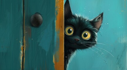 Wall Mural - La tête d'un chat noir derrière une porte.