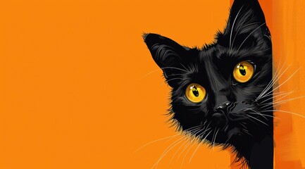 Wall Mural - La tête d'un chat noir sur un fond orange uni, image avec espace pour texte.