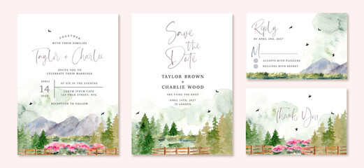 Wall Mural - wedding invitation beautiful mountain and trees watercolor landscape