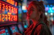 A woman's intense gaze fixates on the glowing screen of a slot machine, her human face contorted with excitement as she eagerly awaits the outcome of her bet