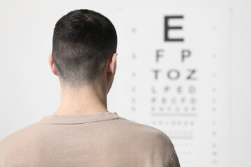 Sticker - Eyesight examination. Young man looking at vision test chart indoors, back view