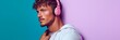© arhendrix - sporty man in sportswear with wireless headset over pastel background, copy space