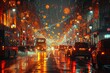A bustling city street at night, illuminated by street lights and cars, with the gentle sound of rain creating a mesmerizing symphony of movement and light