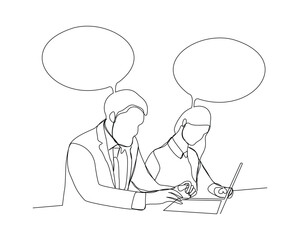 Wall Mural - Continuous single line sketch drawing of two man and woman coworker talking something on laptop, bubble chat talk. One line art of office worker employee vector illustration