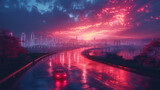 Fototapeta  - Race track road and bridge with city skyline at sunset,generative ai