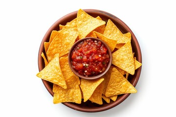 Poster - Top view of corn chips nachos and salsa sauce on white background