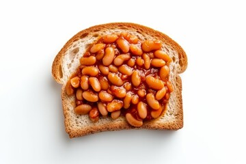 Wall Mural - Top view of a white background with a mouthwatering slice of bread and baked beans