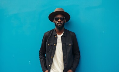 Wall Mural - Stylish black man photographed in full length wearing jacket hat and sunglasses
