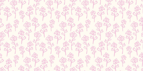 Poster - Cute floral daisy backgorund, seamless vector pattern with flowers, pastel pink spring wallpaper design