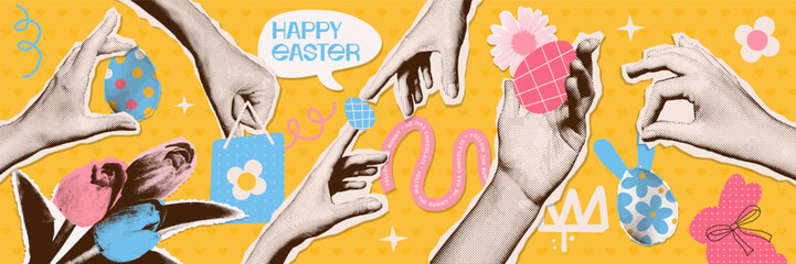 Halftone Collage image of pinup pop retro hands collecting eggs . Happy ester arms stickers elements collection. Vector vintage illustration.