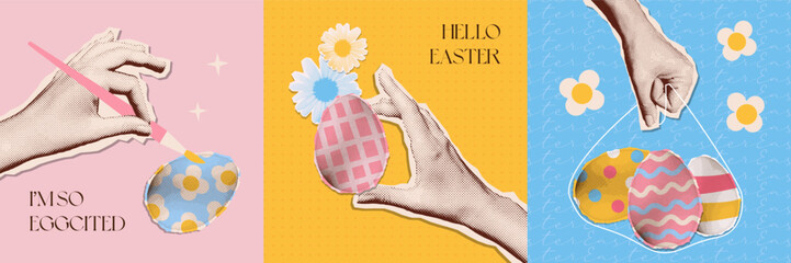 Contemporary art halftone collage set of hand holding a painted eggs. Easter sweets and egg hunt concept. Vector y2k pop art illustration.