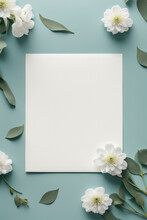 Blank Paper Wedding Greeting Card With Blue Flowers On Of Sage Green Background.
