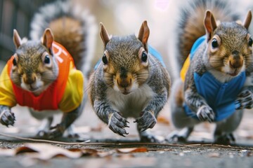 Canvas Print - Three squirrels running for distillation . Close-up. Concept: competition, rivalry,