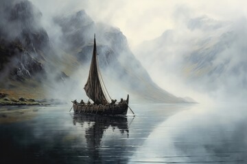 Sailing viking row ships on river. Drakkar, longships. Scandinavian warrior Generative ai