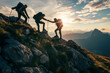 © somsuda - A group of hikers team with backpacks helping each other hike up a mountain. Adventurous lifestyle. Teamwork concept.