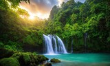 Fototapeta Do pokoju - Beautiful mountain rainforest waterfall with fast flowing water and rocks, amazing nature