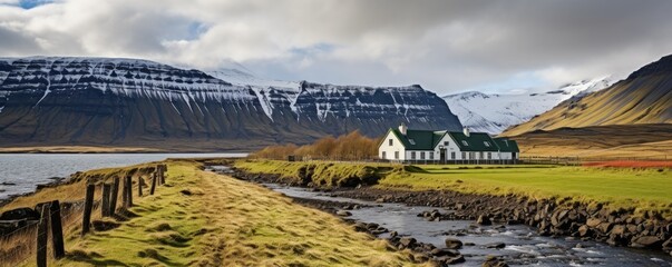 Wall Mural - Traditional iceland landscape with house, black sand green  lava landscape. Generative ai