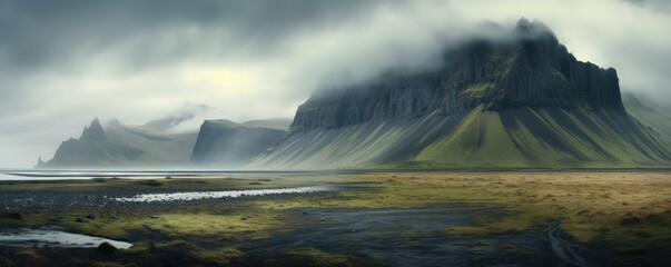 Wall Mural - Traditional iceland landscape with house, black sand green  lava landscape. Generative ai