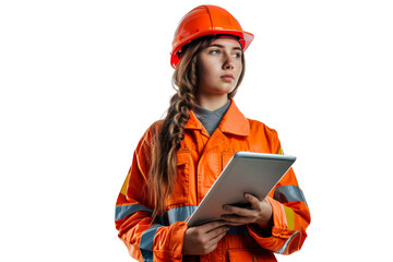 Wall Mural - Smart young engineer building or constructor worker with safety uniform, vest and safety hat isolated on transparent background, planning project.