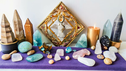 Healing chakra crystals therapy. Alternative rituals, gemstones for wellbeing, meditation, destress