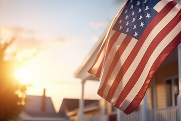 Wall Mural - USA flag on corner of  house. Symbol of patriotism. Building with waving flag. Generative ai